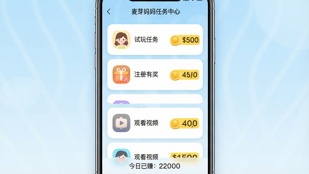 主体:手机屏幕展示麦芽妈妈APP的任务列表页面,列表项显示“试玩任务”“注册有奖”“观看视频”等分类图标,每个任务右侧有醒目的金币数额。布局:手机居中,屏幕内列表从上到下排列,背景为淡蓝色渐变。排版:任务条目整齐,图标与文字对齐,金币数额用黄色高亮。风格:清新简洁的UI风格,圆角卡片设计。细节:屏幕顶部有“麦芽妈妈任务中心”字样,底部有“今日已赚”统计栏。画质:高清,干净,无多余元素。