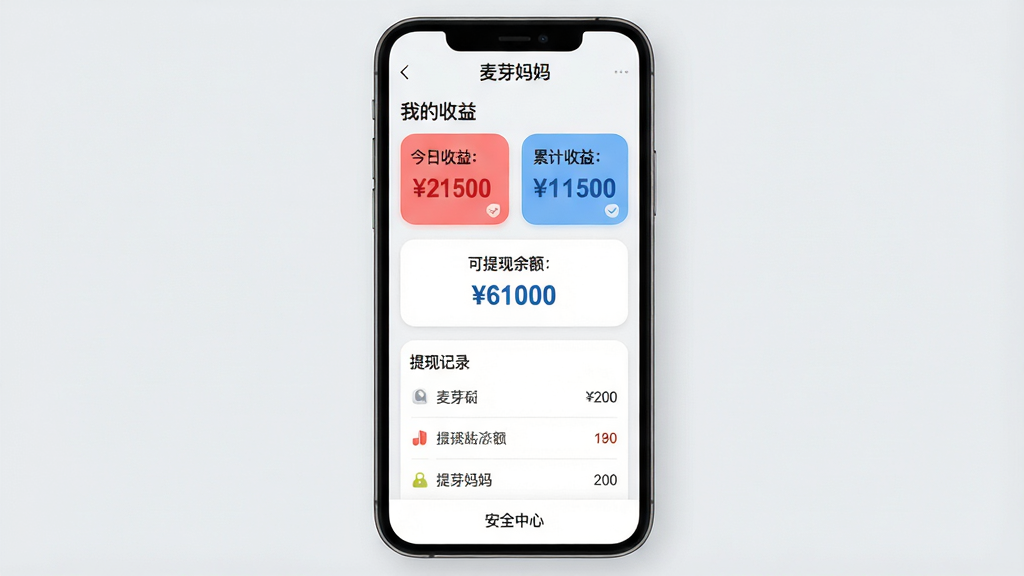 主体:一部手机屏幕展示麦芽妈妈APP的“我的收益”页面,页面有“今日收益”“累计收益”“可提现余额”三个数字卡片,下方有“提现记录”列表。布局:手机居中,背景为淡灰色,卡片呈纵向排列。排版:数字用大号加粗字体,颜色为红色和蓝色,记录列表简洁。风格:商务简洁风,圆角卡片,扁平化设计。细节:页面顶部有“麦芽妈妈”字样,底部有“安全中心”入口。画质:高清,干净,无多余元素。
