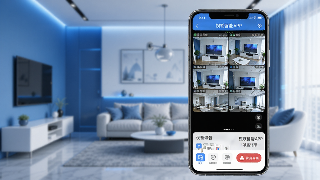 一张展示视联智能APP在手机上运行的界面预览图,主屏幕显示多个监控摄像头实时画面,画面清晰流畅,底部有设备列表和报警消息图标,背景为现代简约的客厅环境,整体色调以蓝白为主,科技感十足,画质高清,干净无多余元素