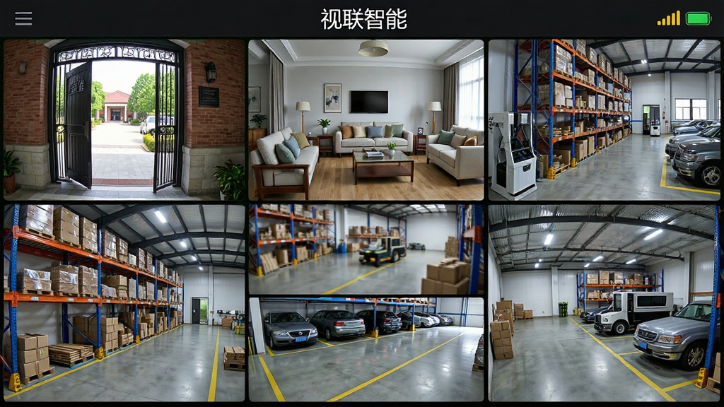 视联智能APP多路分屏预览界面,屏幕上整齐排列着4个或9个监控画面,每个画面显示不同场景如门口、客厅、仓库、停车场,画面色彩真实,界面顶部有“视联智能”字样和信号强度图标,整体布局清晰,画质细腻,干净无多余元素