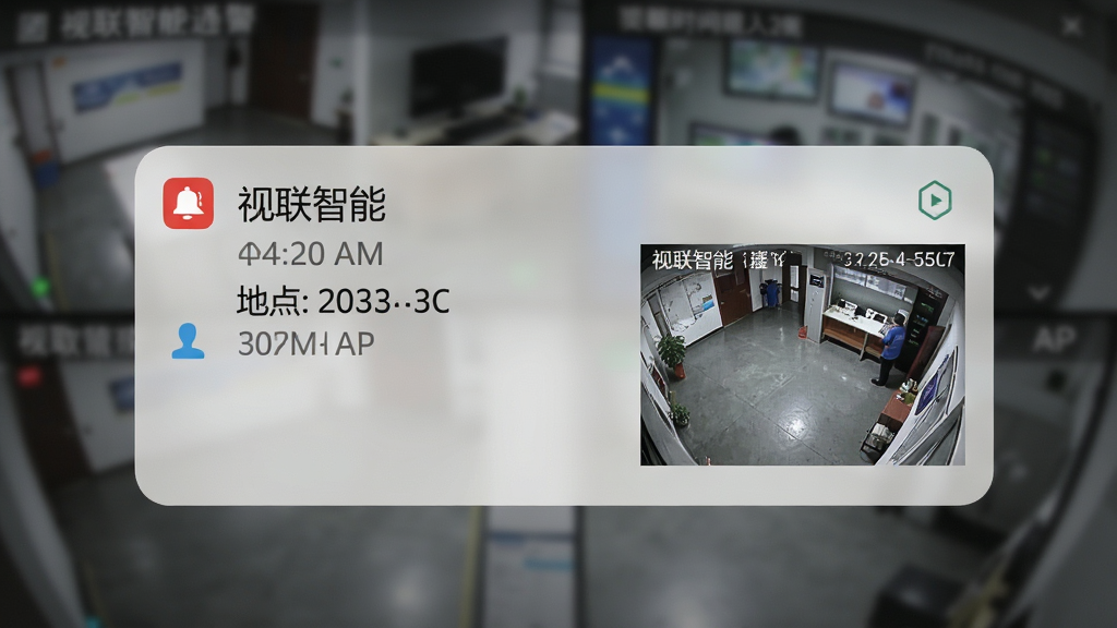 视联智能APP报警通知界面,手机通知栏显示“视联智能”报警消息,内容包含时间、地点和一张监控抓拍截图,背景为模糊的监控画面,突出报警的实时性和重要性,画质清晰,干净无多余元素