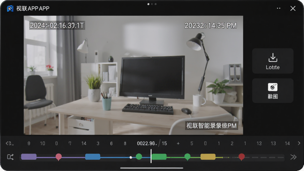 视联智能APP录像回放界面,屏幕下方是时间轴,上有不同颜色的标记点表示事件,中间为高清回放画面,画面中显示日期和时间水印,界面右侧有下载和截图按钮,整体风格简洁,画质清晰,干净无多余元素