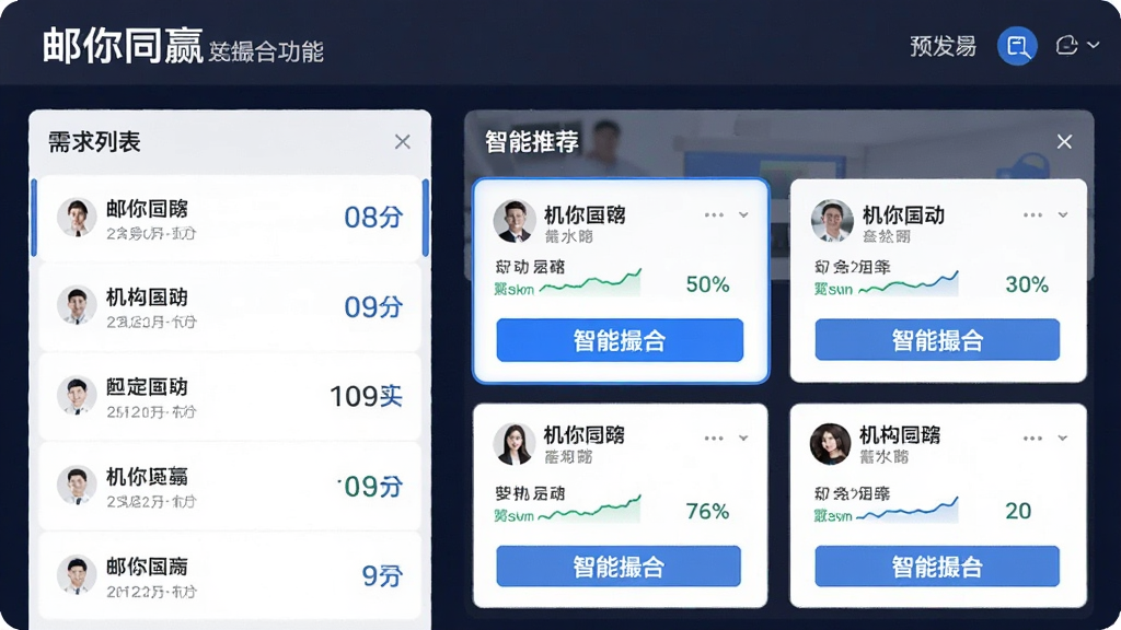 邮你同赢业务撮合功能预览图,主体为平台交易撮合界面,布局包含左右分栏,左侧为需求列表,右侧为智能推荐的交易对手卡片,卡片上显示机构名称与匹配度百分比,界面用蓝色高亮显示“智能撮合”按钮,整体风格专业清爽,细节丰富,画质清晰,干净无多余元素