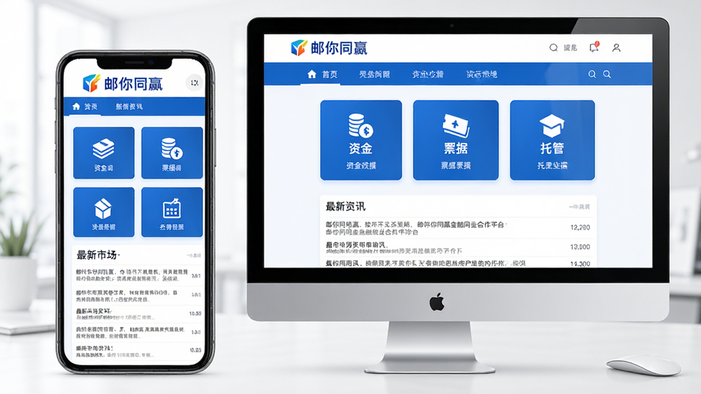邮你同赢金融同业合作平台界面展示,主体为手机与电脑屏幕中的软件主界面,布局清晰,上方显示“邮你同赢”Logo与导航栏,中间为资金、票据、托管等业务模块图标,下方为最新市场资讯列表,整体风格商务简约,蓝白主色调,画面干净明亮,高画质,无多余元素