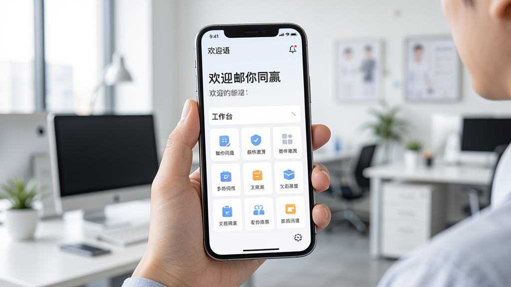 邮你同赢移动端使用场景示意图,主体为一部手机握在用户手中,屏幕显示邮你同赢的“工作台”页面,上方为欢迎语,下方为九宫格功能图标,背景为办公室环境,整体明亮清晰,构图自然,画质高清,干净无多余元素