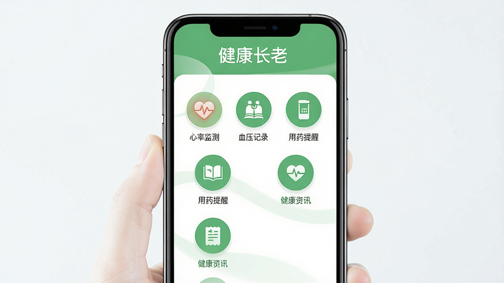 健康长老软件主界面预览图,智能手机竖屏显示,界面以清新的绿色和白色为主色调,顶部显示“健康长老”字样,下方排列着心率监测、血压记录、用药提醒、健康资讯等圆形功能图标,布局整齐,风格简约现代,界面明亮干净,画质高清,无多余元素