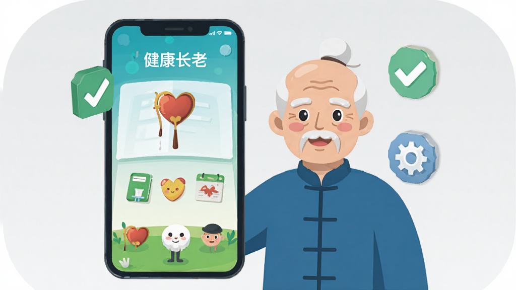 健康长老使用教程示意插画,画面中一部手机屏幕显示健康长老应用主页,旁边有对勾和设置图标,背景为浅灰色,风格扁平化,色彩明亮,构图清晰,画质干净,无多余元素