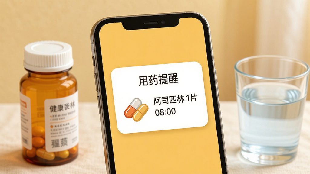 健康长老用药提醒功能示意图,手机屏幕中央显示“用药提醒”卡片,上面有药品胶囊图标和“阿司匹林 1片 08:00”的文字,背景为暖黄色,手机旁边放着药瓶和一杯水,构图简洁,风格温馨,画质清晰,无多余元素