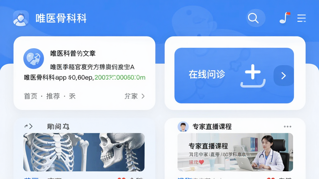 唯医骨科app官方版主界面预览图,展示首页推荐的骨科科普文章、在线问诊入口、专家直播课程模块,界面以蓝色和白色为主色调,简洁清晰,图标圆润,整体布局采用卡片式设计,风格现代专业,画质高清,干净,无多余元素