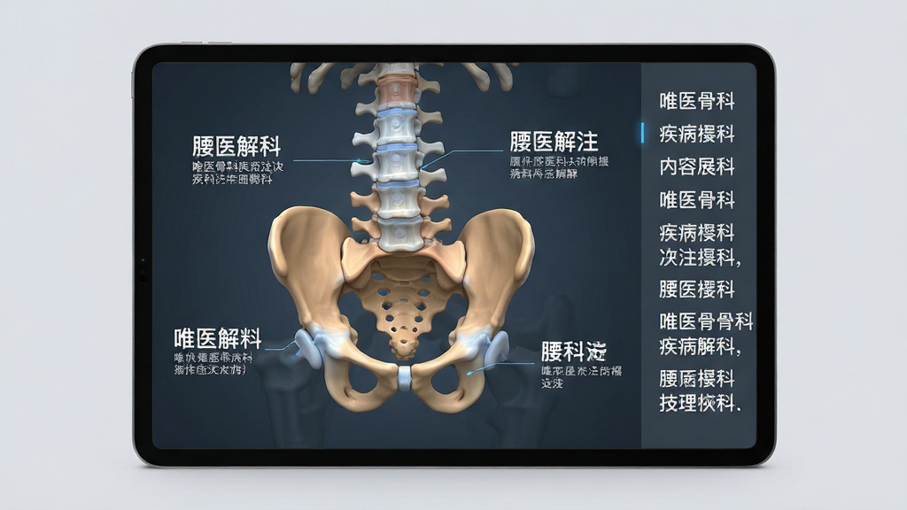 唯医骨科疾病科普内容展示图,画面以平板电脑为主体,屏幕上显示腰椎解剖结构的三维模型,旁边配有关键文字说明,右侧有滚动文字列表,背景为柔和的浅灰色,整体风格简洁专业,排版清晰,细节精致,画质高清,无多余元素