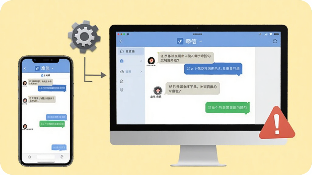 一款名为“牵信”的软件使用指南场景,画面中手机和电脑屏幕显示同一聊天界面,旁边有设置齿轮图标和警示叹号,背景为浅黄色调,风格简洁明了,突出操作步骤和注意事项,画质清晰,布局合理,无多余元素