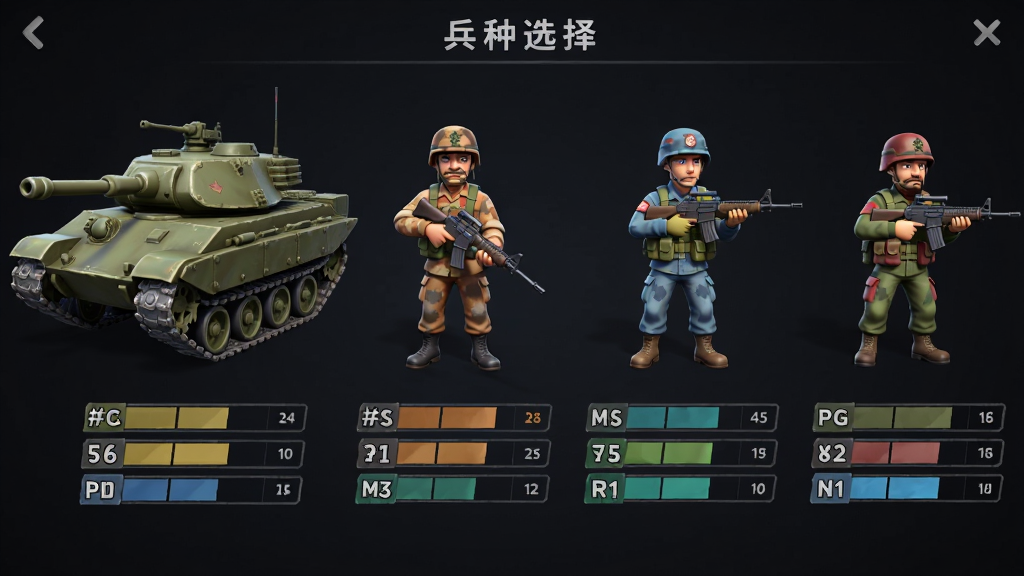 主体:兵种选择界面,展示一排不同兵种的3D模型。布局:横向排列,每个兵种下方有属性数值条。排版:界面采用深色背景,兵种模型居中,属性条清晰易读。风格:写实卡通风格,细节丰富。细节:坦克有履带纹理,士兵有不同服装颜色区分阵营。画质:高清渲染,干净无多余元素。