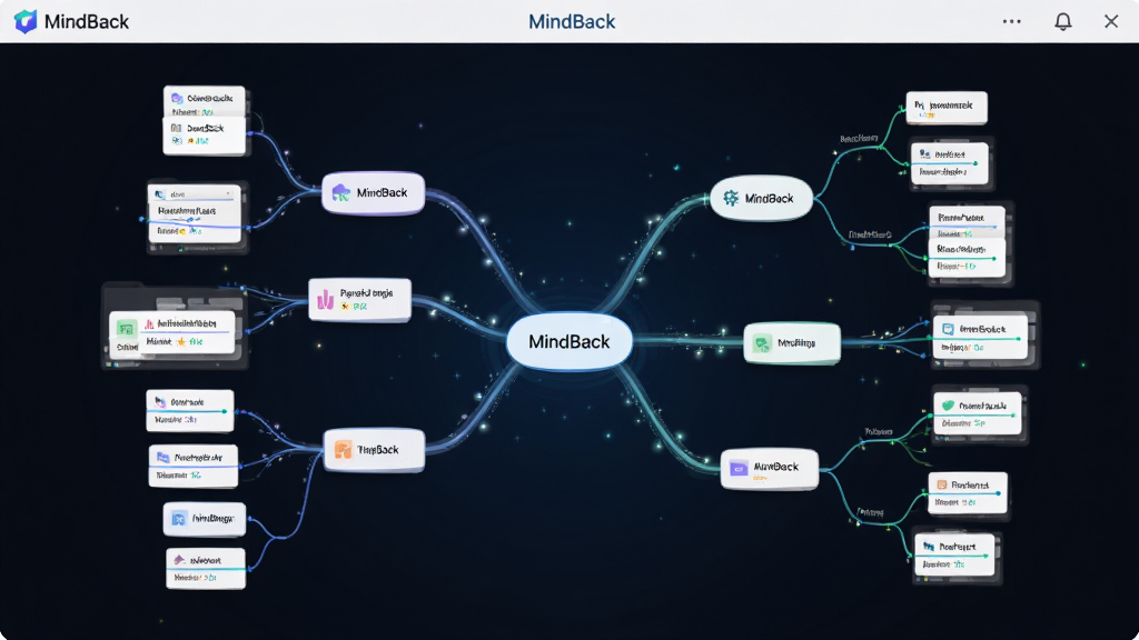 展示MindBack双向链接功能的界面截图,主体是思维导图节点连接动画,布局为中心向四周放射的网络结构,风格科技感且简约,细节包含各节点缩略卡片与连接线条,画质锐利,干净,无多余元素,界面顶部带有“MindBack”字样