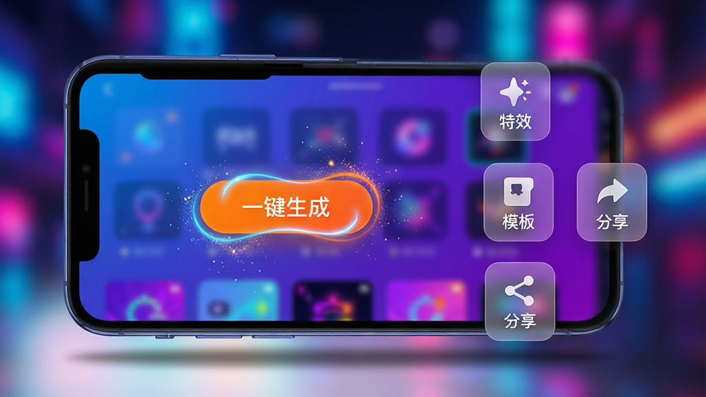 主体:“秀一波操作”软件主界面,一部智能手机屏幕内展示着色彩绚丽的特效模板库,中心位置有醒目的“一键生成”按钮。布局:手机居中偏左,右侧悬浮着几个半透明的功能图标(如“特效”、“模板”、“分享”),背景是模糊的霓虹光斑。排版:界面层级分明,图标排列整齐,按钮带有微动效的流光。风格:现代科技感,UI设计扁平化,色彩明快,高饱和度的蓝紫渐变与亮橙色点缀。细节:屏幕中反射出细微的粒子光效,暗示动态特效能力,手机下方有淡淡的投影。画质:8K超清,细节丰富,干净,无多余元素。