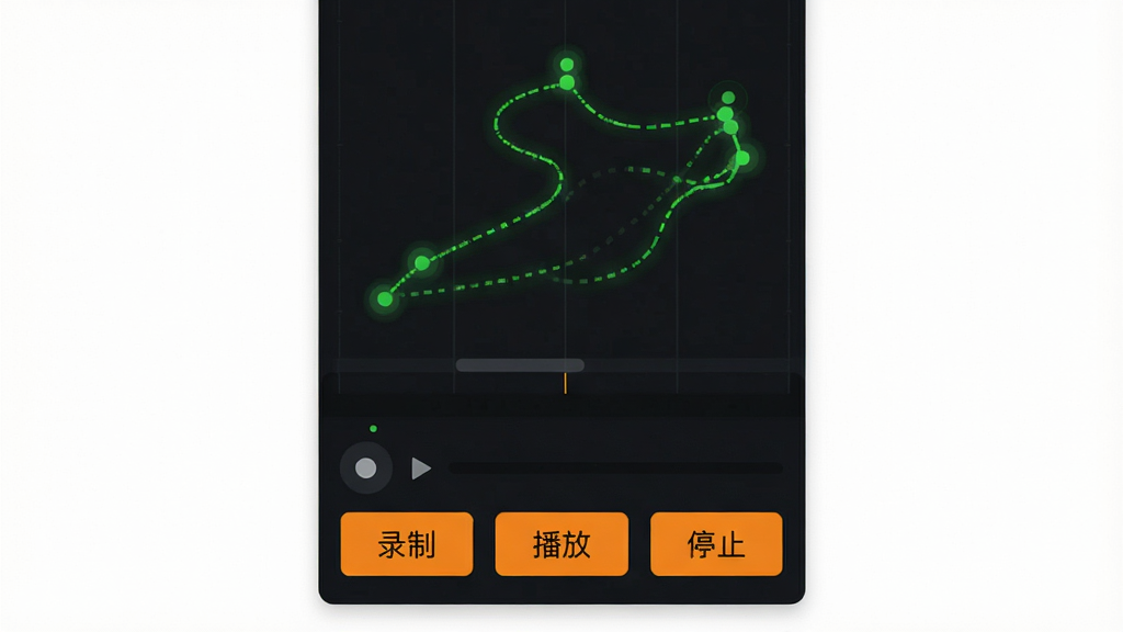 主体:自动多指点击器脚本录制界面,底部有“录制”“播放”“停止”按钮,上方显示点击轨迹线条,布局:纵向排列,排版:清晰直观,风格:深色背景,高亮按钮,细节:轨迹线为绿色,按钮为橙色,画质:1080P,干净,无多余元素