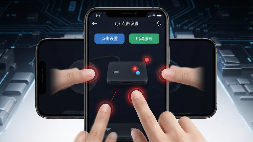 主体:自动多指点击器软件的界面展示,手机屏幕上有多个虚拟手指同时点击,背景为深色科技感,界面显示“点击设置”“启动服务”按钮,布局:手机居中,屏幕内容清晰,排版简洁,风格:现代科技风,细节:屏幕上有红色点击特效光点,画质:4K高清,干净,无多余元素
