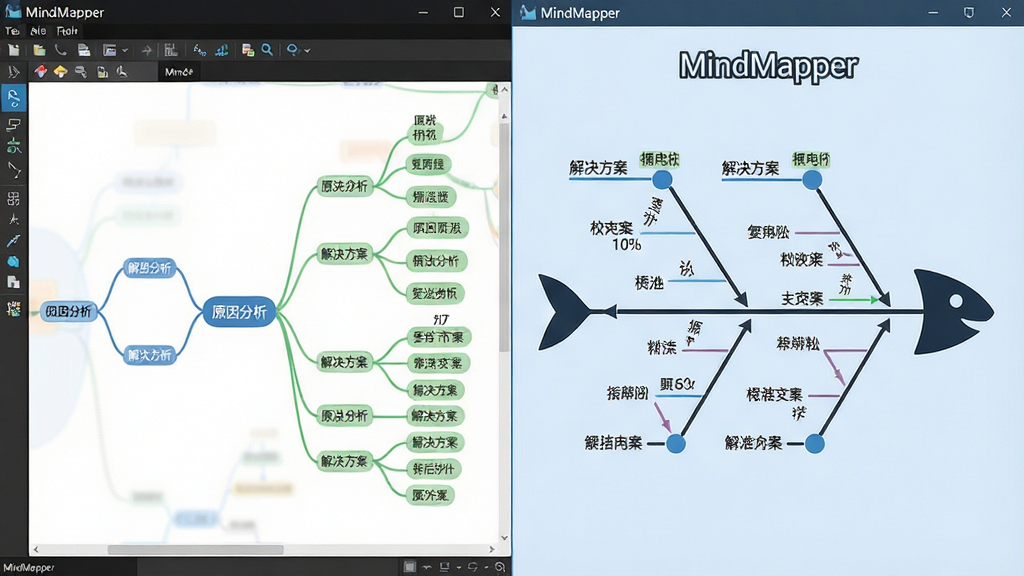 一张对比图,左侧是MindMapper软件界面中的树状思维导图,右侧是鱼骨图结构,两者都标注着“MindMapper”的软件名称。布局为左右分屏,背景统一为浅蓝色。风格简洁清晰,突出结构差异。细节包括节点上的示例文字“原因分析”、“解决方案”等,线条流畅。画质高清,干净无多余元素。
