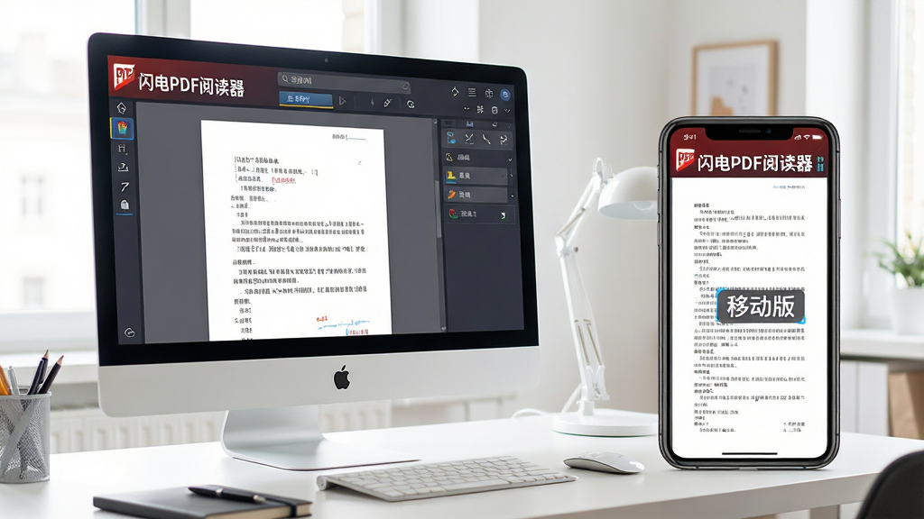 主体:一张电脑桌面上显示闪电PDF阅读器主界面,旁边有一部手机,屏幕上也打开着该软件。布局:电脑在左,手机在右,形成对比。排版:界面内容清晰,手机屏幕显示PDF文件,电脑显示批注工具。风格:明亮办公环境,自然光。细节:电脑屏幕上有“闪电PDF阅读器”字样,手机屏幕上有“移动版”标识。画质:高分辨率,细节丰富,干净无多余元素。