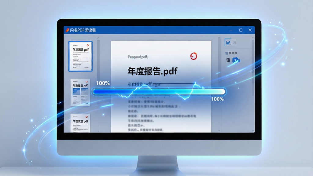 主体:闪电PDF阅读器打开一个大型PDF文件,文件加载进度条瞬间完成。布局:电脑屏幕居中,屏幕内显示PDF内容,四周有柔和光效。排版:界面简洁,文件缩略图排列整齐,进度条闪烁。风格:科技感蓝色调,动态光效。细节:屏幕左上角有“闪电PDF阅读器”字样,文件名为“年度报告.pdf”,进度条100%。画质:高清晰度,动态流畅,干净无多余元素。