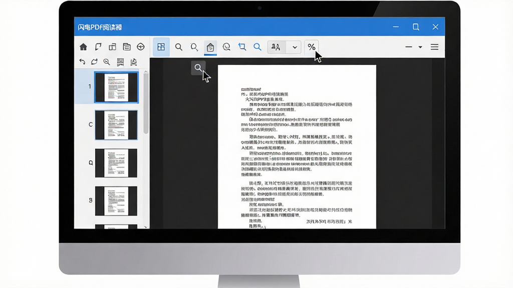 主体:闪电PDF阅读器软件界面在电脑屏幕上展示,左侧缩略图栏,右侧文档阅读区,顶部简洁工具栏。布局:居中构图,界面清晰完整,四周留白。排版:界面元素规整,工具栏图标分明,文档文字清晰可辨。风格:现代扁平化设计,蓝白主色调,简洁干净。细节:屏幕上有“闪电PDF阅读器”字样,鼠标指针悬停在缩放按钮上,页面显示百分比。画质:高清渲染,色彩真实,干净无多余元素。