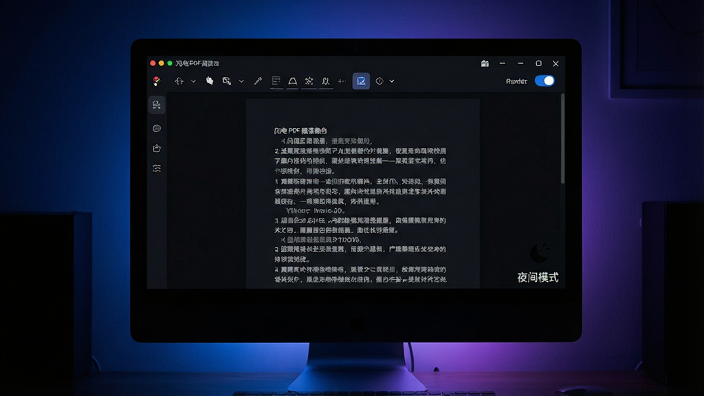 主体:闪电PDF阅读器在夜间模式下显示文档,背景为深色,文字为浅色。布局:电脑屏幕居中,周围环境昏暗,屏幕光线柔和。排版:文档内容清晰,工具栏图标可见,夜间模式开关高亮。风格:暗色主题,蓝紫渐变光效。细节:屏幕右下角有“夜间模式”字样,页面文字清晰易读。画质:高对比度,细节丰富,干净无多余元素。
