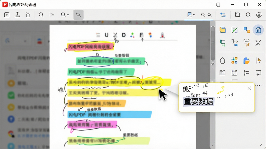 主体:闪电PDF阅读器界面中,一份PDF文档上有多处彩色高亮和批注框。布局:文档居中,批注工具悬浮在右侧,光标指向一处高亮。排版:批注内容清晰,颜色鲜艳,工具图标排列有序。风格:明亮清新,黄色高亮突出。细节:屏幕顶部有“闪电PDF阅读器”字样,批注框内有文字“重要数据”。画质:高清细腻,色彩鲜艳,干净无多余元素。