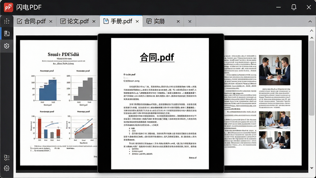 主体:闪电PDF阅读器窗口内打开多个标签页,每个标签显示不同PDF文档。布局:标签栏在顶部,当前激活的标签页内容居中显示。排版:标签页排列整齐,文档内容各不相同,有图表、文字、图片。风格:现代商务风格,界面清爽。细节:标签页上有“合同.pdf”“论文.pdf”“手册.pdf”等字样,当前显示“合同.pdf”。画质:清晰锐利,多层窗口无杂乱,干净无多余元素。