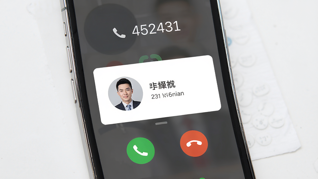 电话名片管理系统来电弹屏功能预览图,主体为手机屏幕显示来电界面,屏幕中央弹出名片卡片,包含头像和姓名,布局简洁,上方显示来电号码,下方为接听和挂断按钮,风格现代,细节清晰,画质高清,干净无多余元素