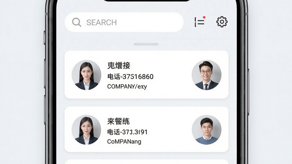 电话名片管理系统主界面预览图,主体为手机屏幕展示联系人名片列表,布局上方为搜索栏和功能图标,下方为卡片式名片列表,卡片上显示姓名、电话、公司名称和头像,风格简洁商务,浅色背景,细节清晰,画质高清,干净无多余元素