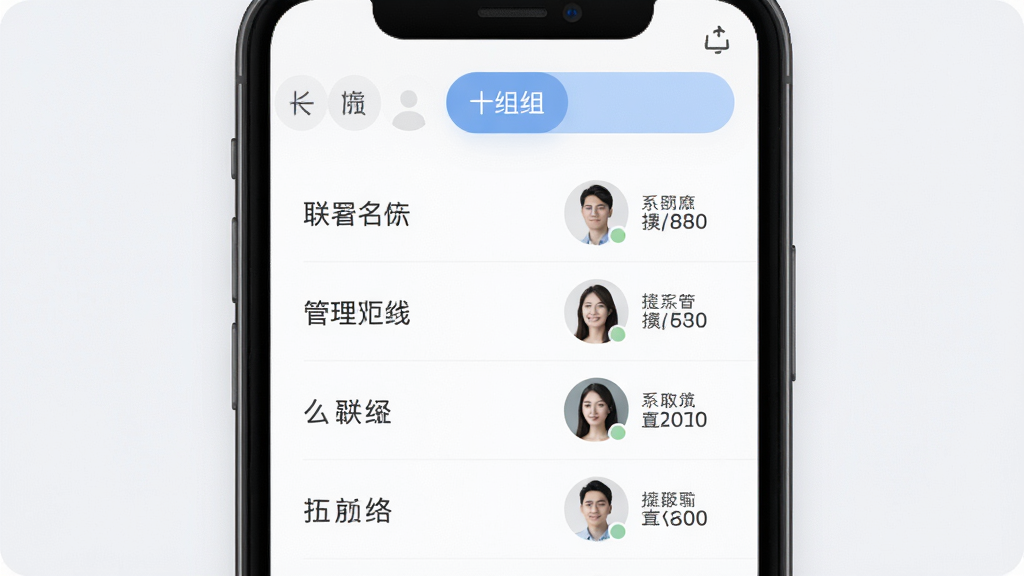 电话名片管理系统分组管理功能预览图,主体为手机屏幕展示联系人分组列表,左侧为分组名称,右侧显示分组内联系人数量,布局清晰,顶部有添加分组按钮,风格简约,色彩柔和,细节丰富,画质高清,干净无多余元素