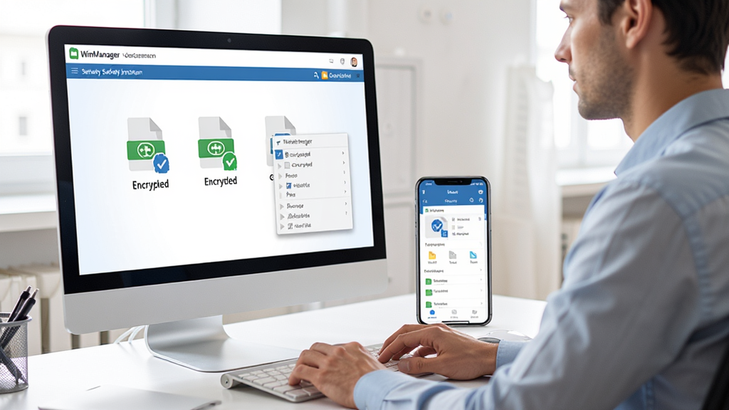 ʹ�ü���ͼ��չʾһλ�칫��Ա���ڵ�����ʹ��WinManager�ĵ���ȫ����ϵͳ����Ļ��ʾ�����ļ�ͼ�����Ҽ��˵����Ա����ֻ���APP���棬������дʵ��������������ͼ��Ȼ�����ʸɾ����޶���Ԫ��