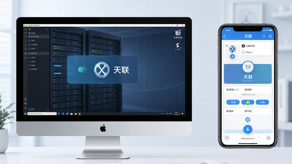 天联远程桌面连接画面,左侧为电脑屏幕,右侧为手机操作界面,中间显示“天联”连接状态,色调明亮,布局合理,风格科技,细节丰富,画质高清,干净无多余元素
