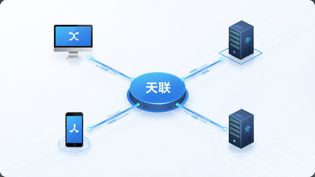 天联智能组网界面,展示多设备互联拓扑图,中央为“天联”节点,四周连接电脑、手机、服务器图标,蓝色科技风格,布局清晰,排版有序,画质细腻,干净无多余元素
