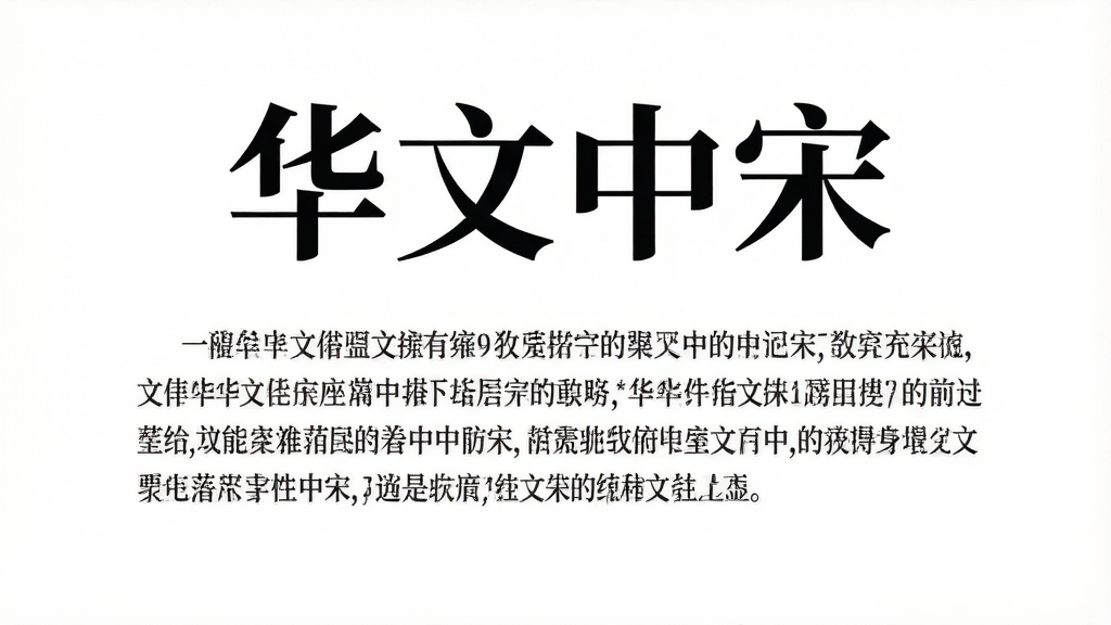 主体:华文中宋字体样张展示。布局:画面中央展示“华文中宋”四个大字,下方为一段宋体正文示例。排版:标题居中,正文整齐排列,字体清晰。风格:简洁专业,白底黑字。细节:字体笔画棱角分明,横细竖粗,带有传统宋体特征。画质:高清,干净,无多余元素。