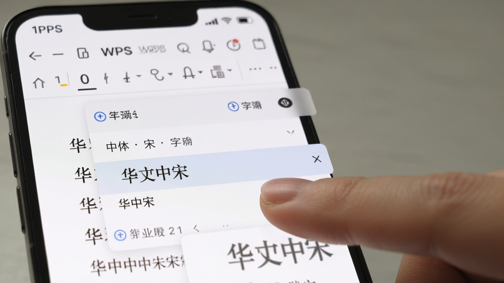 主体:华文中宋字体在手机WPS中应用的界面。布局:手机屏幕显示WPS文档,字体选择列表高亮华文中宋。排版:界面简洁,字体清晰。风格:移动端风格,色彩柔和。细节:手指点击字体选项。画质:高清,干净,无多余元素。