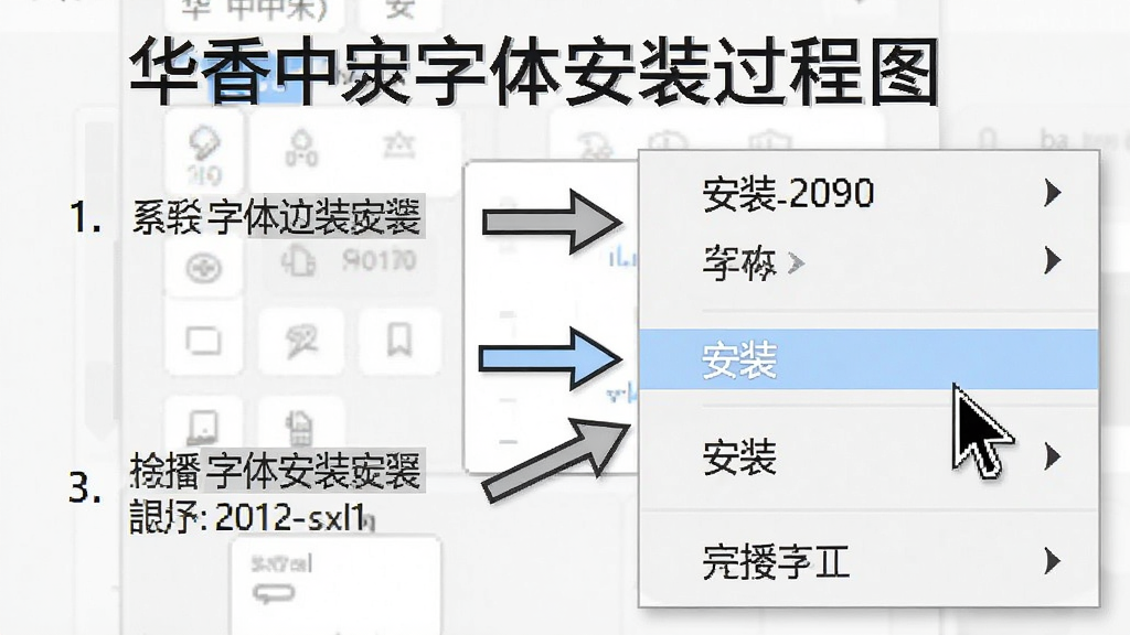 主体:华文中宋字体安装过程图示。布局:屏幕截图展示右键菜单中的“安装”选项。排版:步骤清晰,箭头标注。风格:教程风格,界面简洁。细节:鼠标指针指向安装按钮。画质:高清,干净,无多余元素。