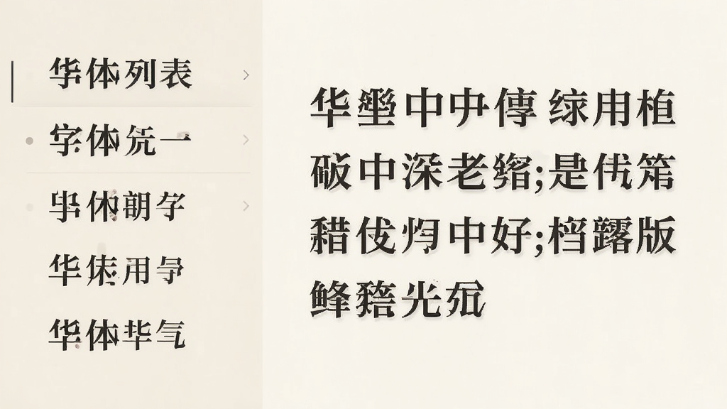主体:华文中宋字体在文档中的排版效果。布局:左侧为字体列表,右侧为一段使用华文中宋排版的文字。排版:页面整洁,字体大小适中。风格:办公风格,浅色背景。细节:字体笔画清晰,显示效果锐利。画质:高清,干净,无多余元素。