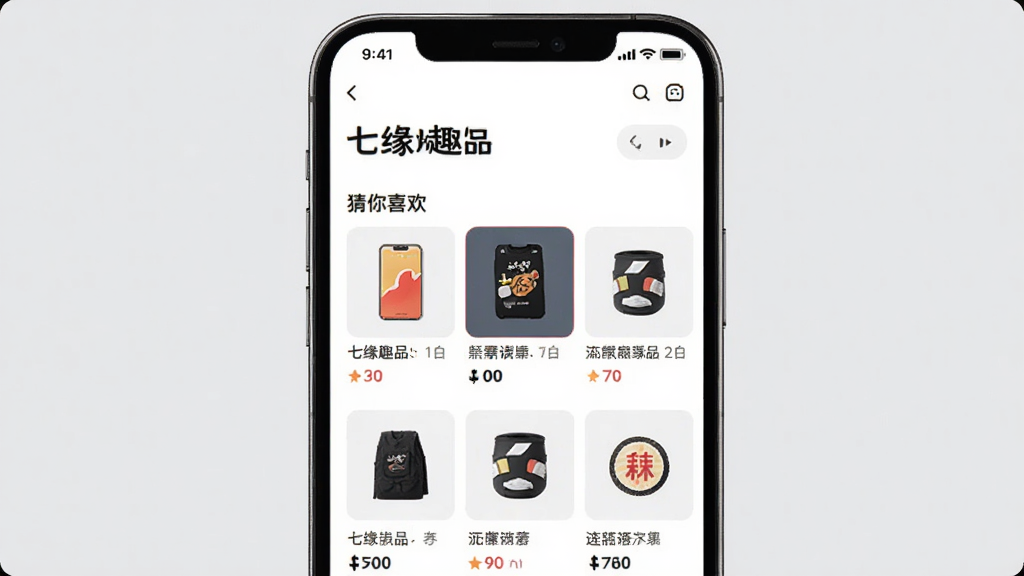 画面主体为一部手机屏幕,上面显示“七缘趣品”的个性化推荐页面,有“猜你喜欢”栏目,下方排列多个商品卡片。布局采用手机居中特写,背景为浅灰色,突出屏幕内容。排版规整,风格简洁现代,细节清晰,画质高清,干净无多余元素。