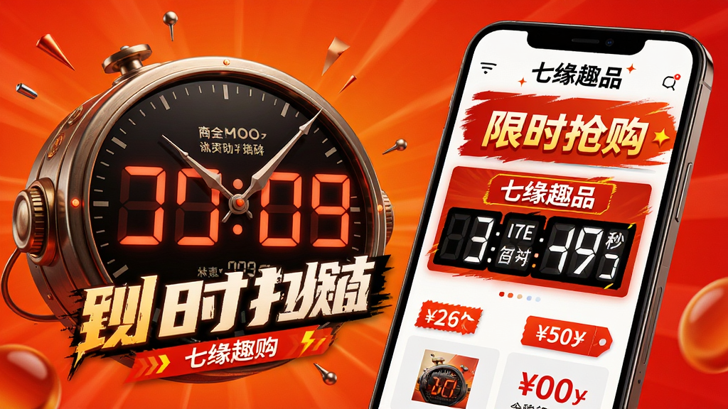 画面主体为倒计时时钟与“七缘趣品”的秒杀活动页面,显示“限时抢购”字样与商品折扣标签。布局采用动态感构图,时钟在左,手机在右,背景为橙红色渐变。排版冲击力强,风格促销感十足,细节精致,画质高清,无多余元素。