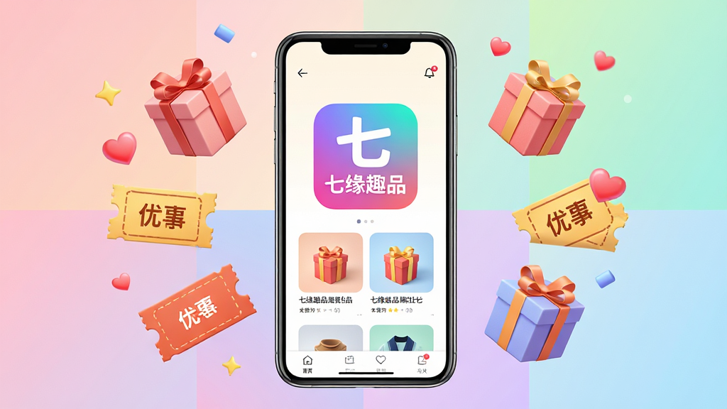 画面主体为一部亮屏的智能手机,屏幕上展示“七缘趣品”APP的彩色图标与瀑布流商品界面,周围漂浮着礼盒、优惠券、爱心等元素。布局采用手机居中、元素环绕的对称构图,背景为柔和的渐变色块。排版清晰,主次分明,风格明快活泼,细节丰富,画质高清,干净无多余元素。