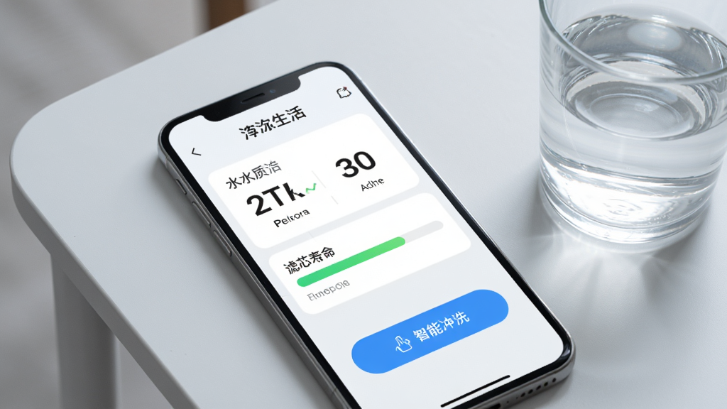 手机屏幕展示“生活”APP的净水管理界面,上面显示水质数值、滤芯寿命进度条和智能冲洗按钮,背景为简约的浅灰色桌面,旁边放着一杯清澈的水,画面干净明亮,突出科技感与实用性,主体为手机界面特写,布局清晰,风格现代,画质细腻,无多余元素