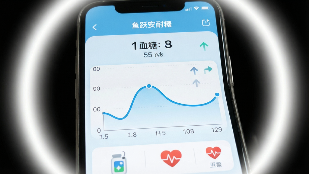 一张展示鱼跃安耐糖手机App主界面的高清截图,界面中央显示动态血糖曲线图,曲线平滑清晰,背景为浅蓝色医疗风格,界面简洁现代,包含当前血糖数值、趋势箭头和心率图标,手机屏幕占据画面主体,周围有柔和的白色光晕,整体干净明亮,突出专业与科技感,画质细腻,无多余元素