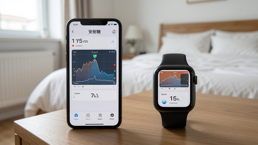 一张展示鱼跃安耐糖App在手机和智能手表上同步显示的实拍图,手机和手表并排放在木质桌面上,屏幕均显示血糖曲线和当前数值,背景为简洁的卧室环境,光线自然,画面清晰,突出多设备同步的便捷性,风格写实,画质细腻,无多余元素