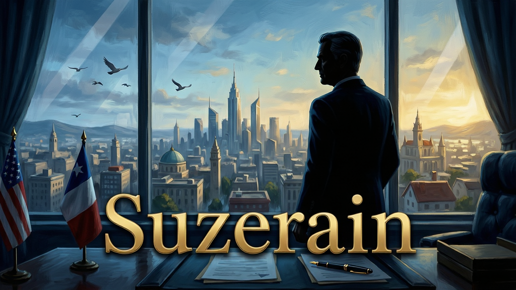 主体:《Suzerain》游戏主视觉图,总统站在办公室落地窗前,俯瞰索德兰首都全景。布局:中央构图,总统侧身剪影,远处城市天际线延伸。排版:画面下方叠加游戏标题“Suzerain”,字体为金色衬线体。风格:写实与油画质感结合,光影层次丰富,色调偏冷蓝与金色对比。细节:办公桌上摆放国旗、文件与钢笔,窗外有飞鸟掠过,玻璃反光细腻。画质:8K超清,细节锐利,干净无多余元素。