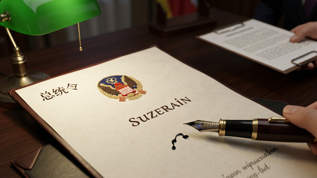 主体:《Suzerain》政策签署场景,总统在办公桌前签署文件。布局:特写镜头,文件上印有国徽,钢笔尖特写。排版:文件左上角标注“总统令”字样,背景虚化。风格:写实光影,深色木质桌面,绿色台灯灯光。细节:纸张纹理、墨迹未干,旁侧有助手递来的报告。画质:超清质感,干净无杂物。