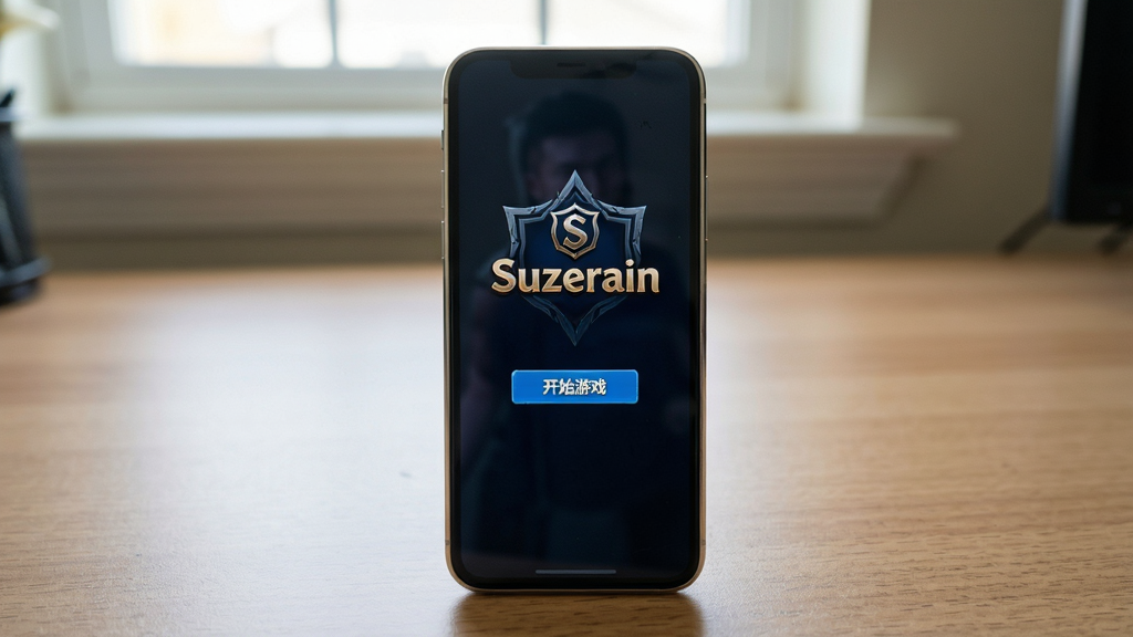 主体:《Suzerain》手机运行实拍,手机屏幕显示游戏主菜单。布局:手机居中,背景为桌面。排版:屏幕清晰显示“开始游戏”按钮。风格:实物拍摄,自然光。细节:手机边缘有金属质感,屏幕无反光。画质:高清实拍,干净无杂物。
