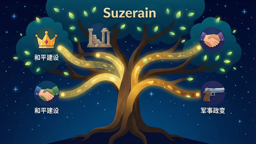 主体:《Suzerain》多结局分支图,一棵大树分出多条金色路径。布局:树根为起点,树枝延伸至不同图标(皇冠、废墟、握手、枪)。排版:图标下方标注结局名称,如“和平建设”、“军事政变”。风格:扁平化与渐变结合,背景为深蓝色星空。细节:树叶发光,路径有明暗变化。画质:矢量高清,干净无文字说明。