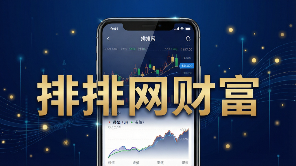 一幅现代简约风格的科技感宣传海报,主体是智能手机屏幕展示排排网财富App界面,屏幕内显示K线图、净值曲线与“排排网财富”金色大字,背景为深蓝色渐变,搭配抽象的数据流线条与金色光点,整体布局居中,排版大气,强调高端金融与数据专业感,细节包括玻璃质感与光影反射,画质高清,干净无多余元素
