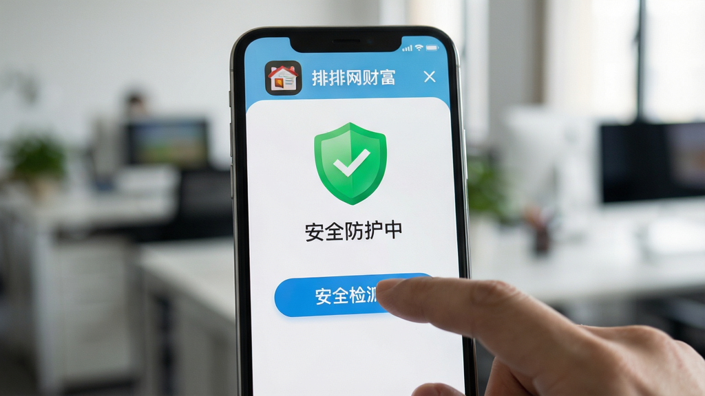 手机操作特写,手指点击排排网财富App界面上的安全检测按钮,屏幕显示出绿色的安全盾牌图标与“安全防护中”字样,背景为模糊的办公环境,重点突出手机屏幕内容,布局居中,风格写实,画质清晰,细节展现App图标与界面,干净无多余元素