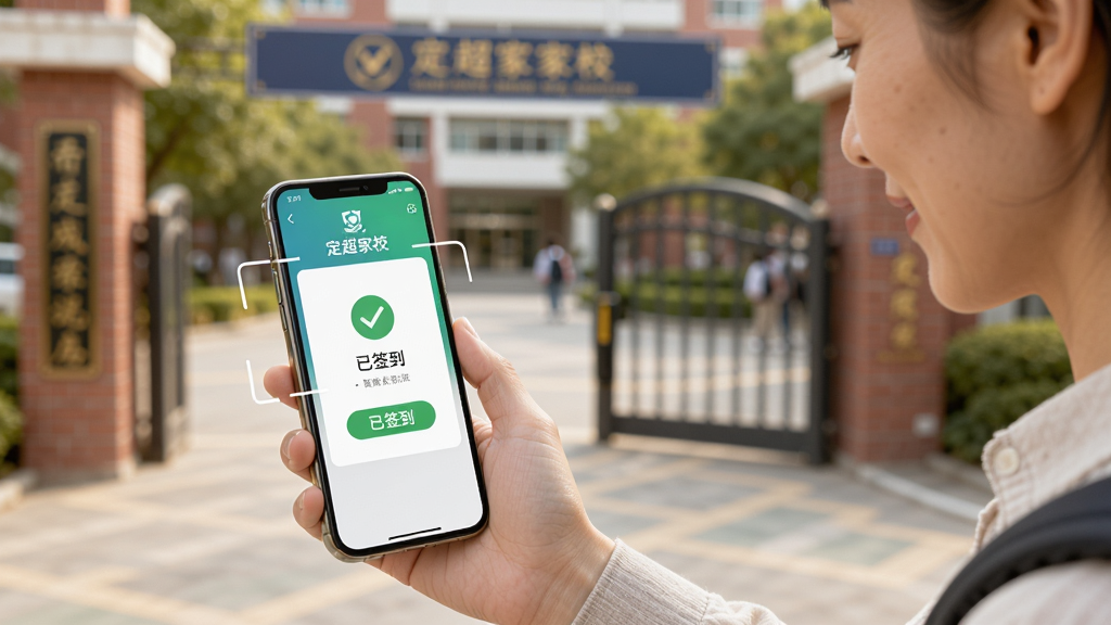 一位家长正在学校门口使用手机扫描二维码完成接送确认,手机屏幕显示
